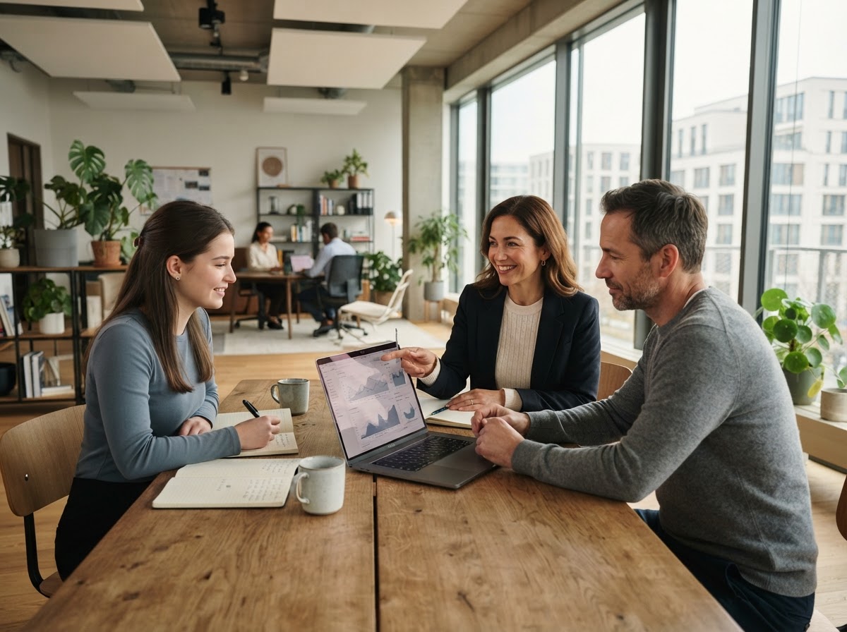 Trade AI System team reviewing predictive liquidity reports and treasury data